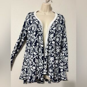 Peck & Peck Navy and White Floral Open Front Flouncy Cardigan Soft Cotton Viscos